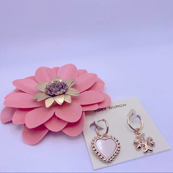 NWOT Tory Burch Gold Mix Match Heart & Double T Hoop Earrings - Picture 6 of 9